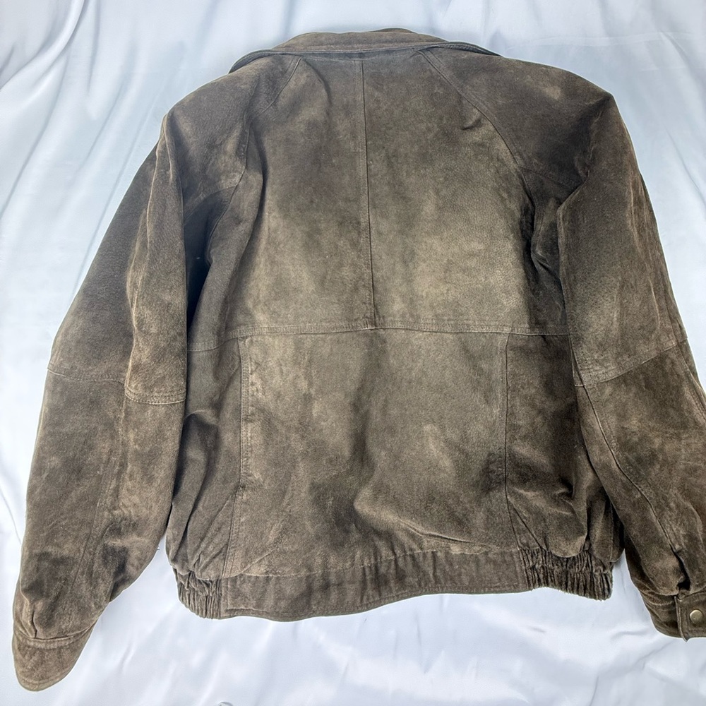 Men's Olive Green/Brown Suede Leather Jacket Quilted Nylon Interior - Picture 3 of 7